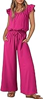 Dokotoo Women's Summer Jumpsuit Ruffle Sleeves Square Neck Wide Leg Romper Drawstring Waist Pockets