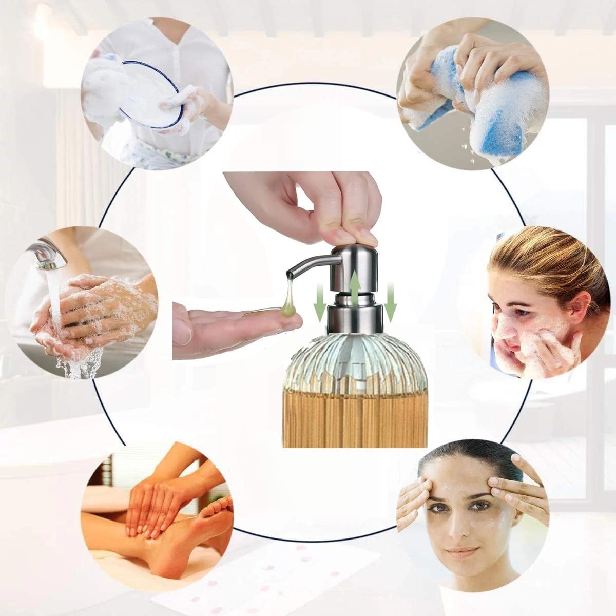Soap Dispenser Lids Stainless Steel Lotion Dispenser Pumps Head Replacement Spare for Standard 8oz/16oz Boston Round 28/400 Thread Neck Bottles,Perfect for Dish Soap,Conditioner,Shampoo,2 Pack