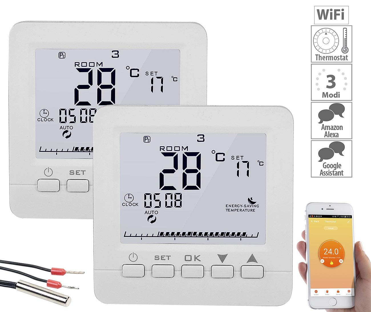 revolt WLAN Raumthermostate: 2er-Set WLAN-Thermostate für Fußbodenheizung, für Siri, Alexa & GA (WiFi Raumthermostat, WLAN Thermostat Heizung, Temperatursensor)