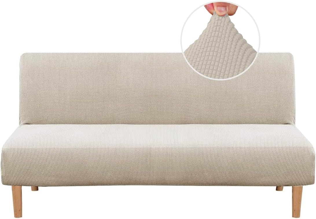 H.VERSAILTEXArmless Futon Cover Stretch Sofa Bed Slipcover Protector Elastic Feature Rich Textured High Spandex Small Checks Jacquard Fabric Futon Cover, Machine Washable, Island Fossi