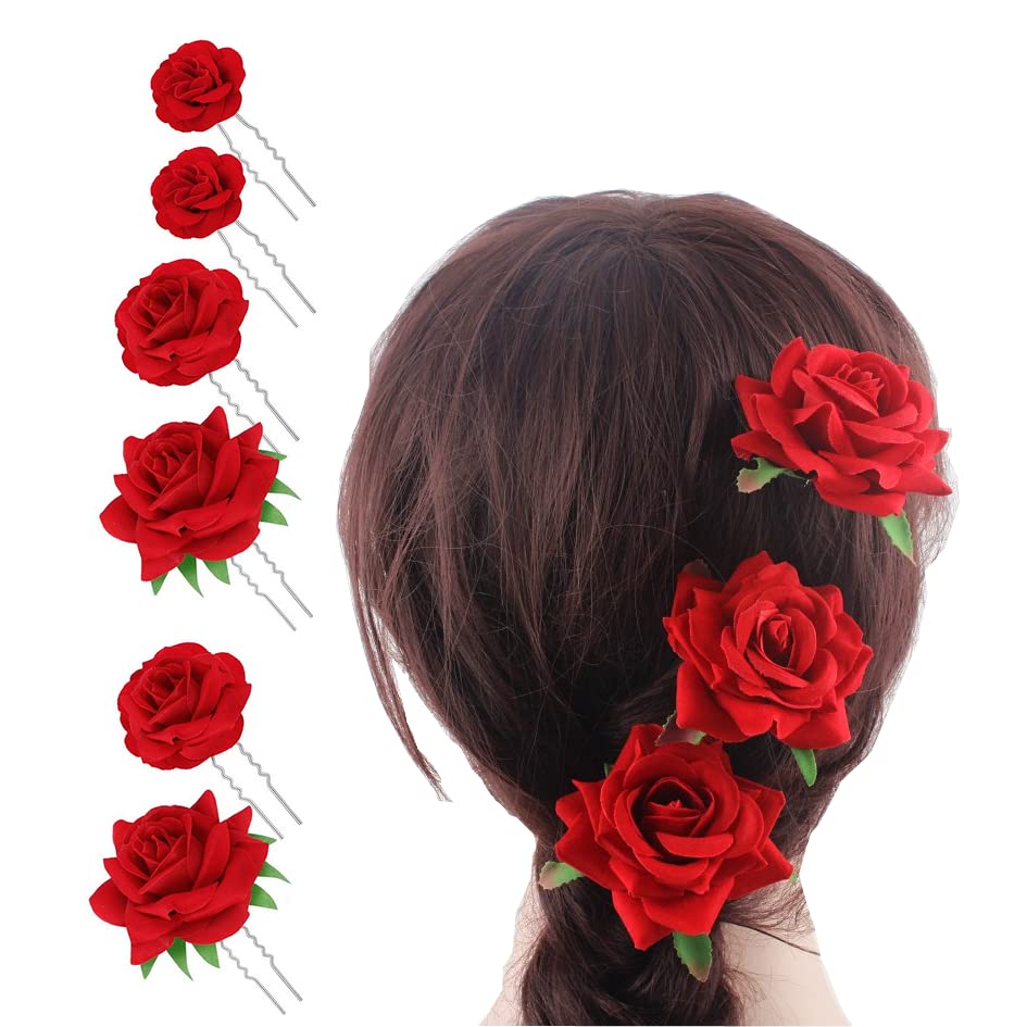6PCS Women Red Rose Flower Hairpins Hair Fork Clips U Shaped Bridal Head Bobby Pins Sticks Floral Clips Mexican Hair Rose Barrettes for Lady Girls Wedding Party Dance (Small