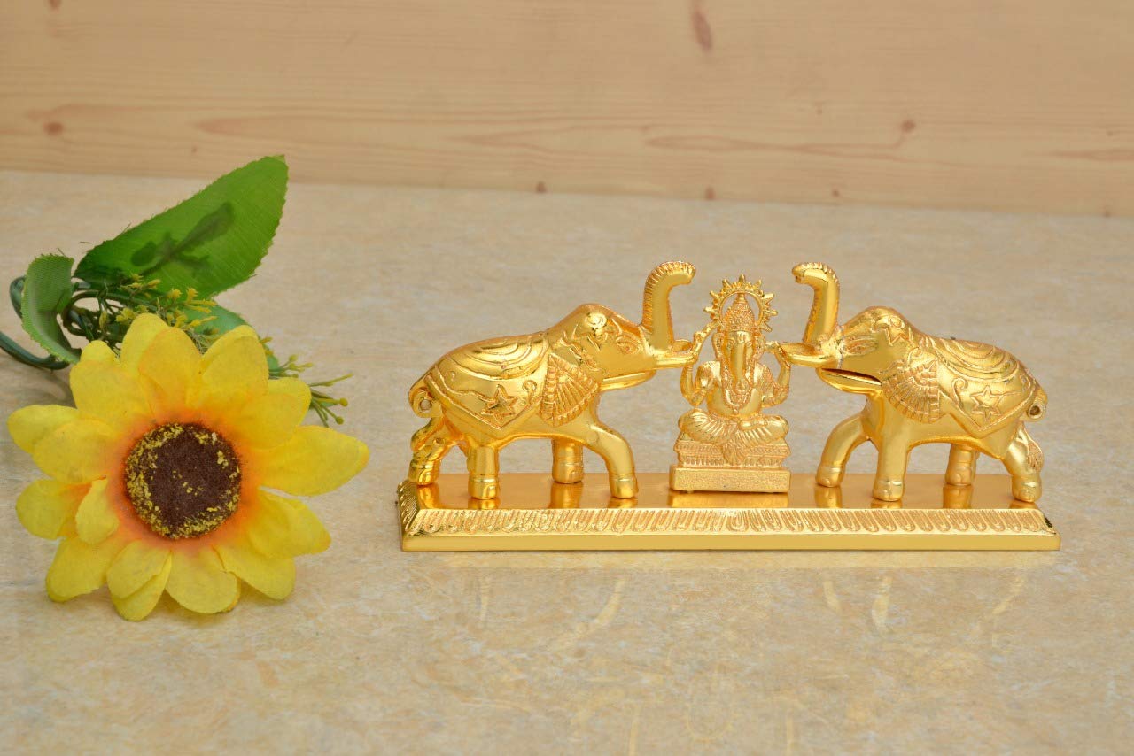 Kumkum Roli Chawal Box Haldi Chandan Dani in Double Elephant Ganesh ji Chopda for Gift Pooja & Decorative Purpose Gold Finish