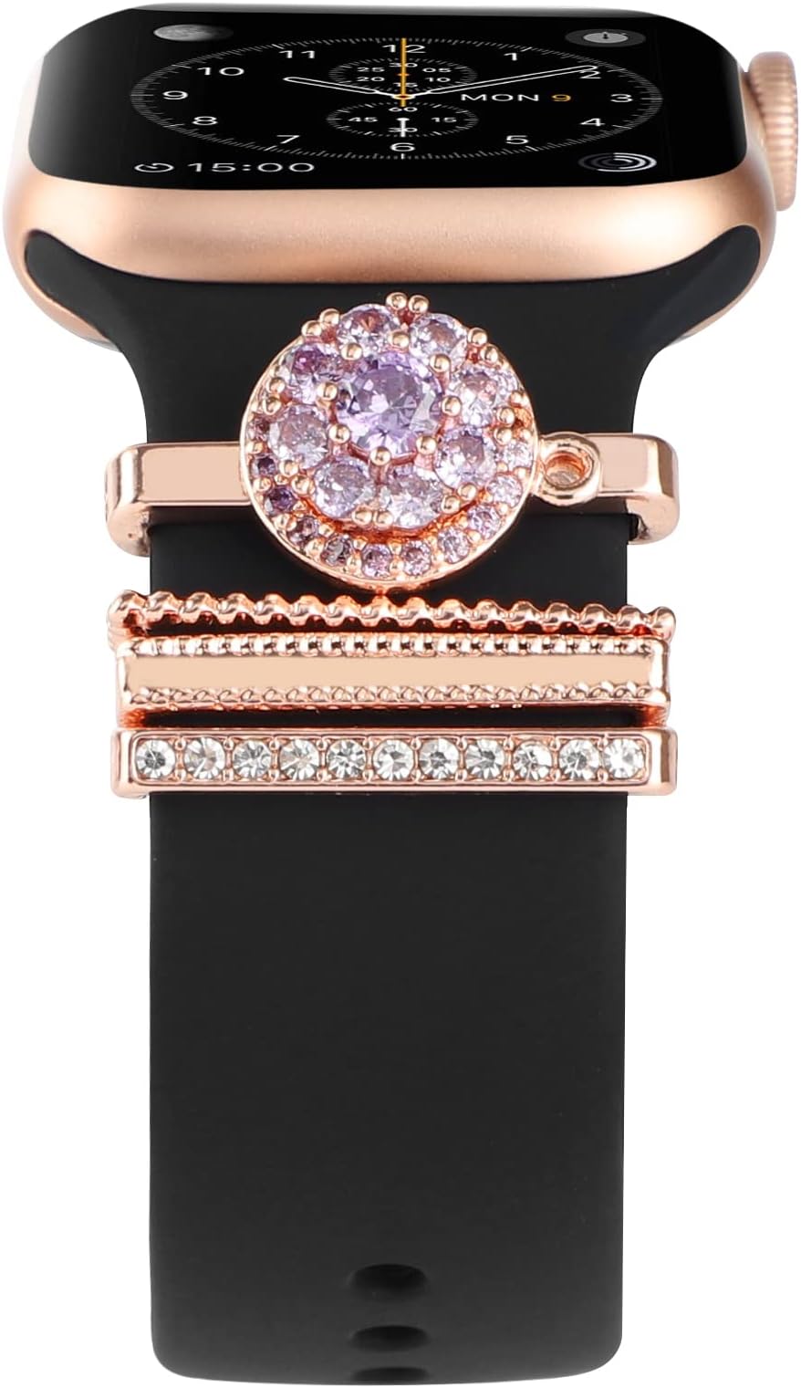 Decorative Rings Loops Compatible with Apple Watch Bands Charms 38mm 40mm 44mm 45mm 41mm 42mm, Diamond Ornament Silicone Watchband Accessories for iwatch Series 7-1 & SE (Diamond Rose Gold)