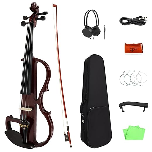 Diorrin Full Size Electric Violin Set, 4/4 Solid Wood Silent Fiddle for Beginners, Wine Red Metallic Varnish with Ebony Fittings