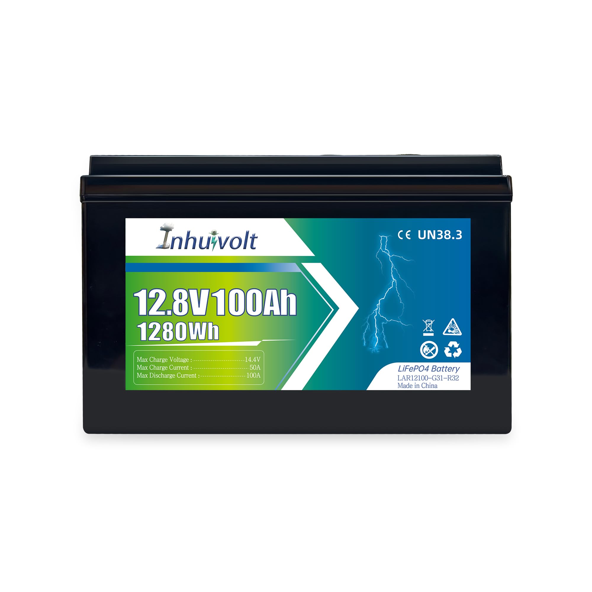 LiFePO4 Battery 12V 100Ah, Lithium Marine Batteries Up to 15000 Deep Cycles, Bulit in 100A BMS Protection, for RV, Solar Energy, Trolling motor, Off Grid, by InhuiVolt