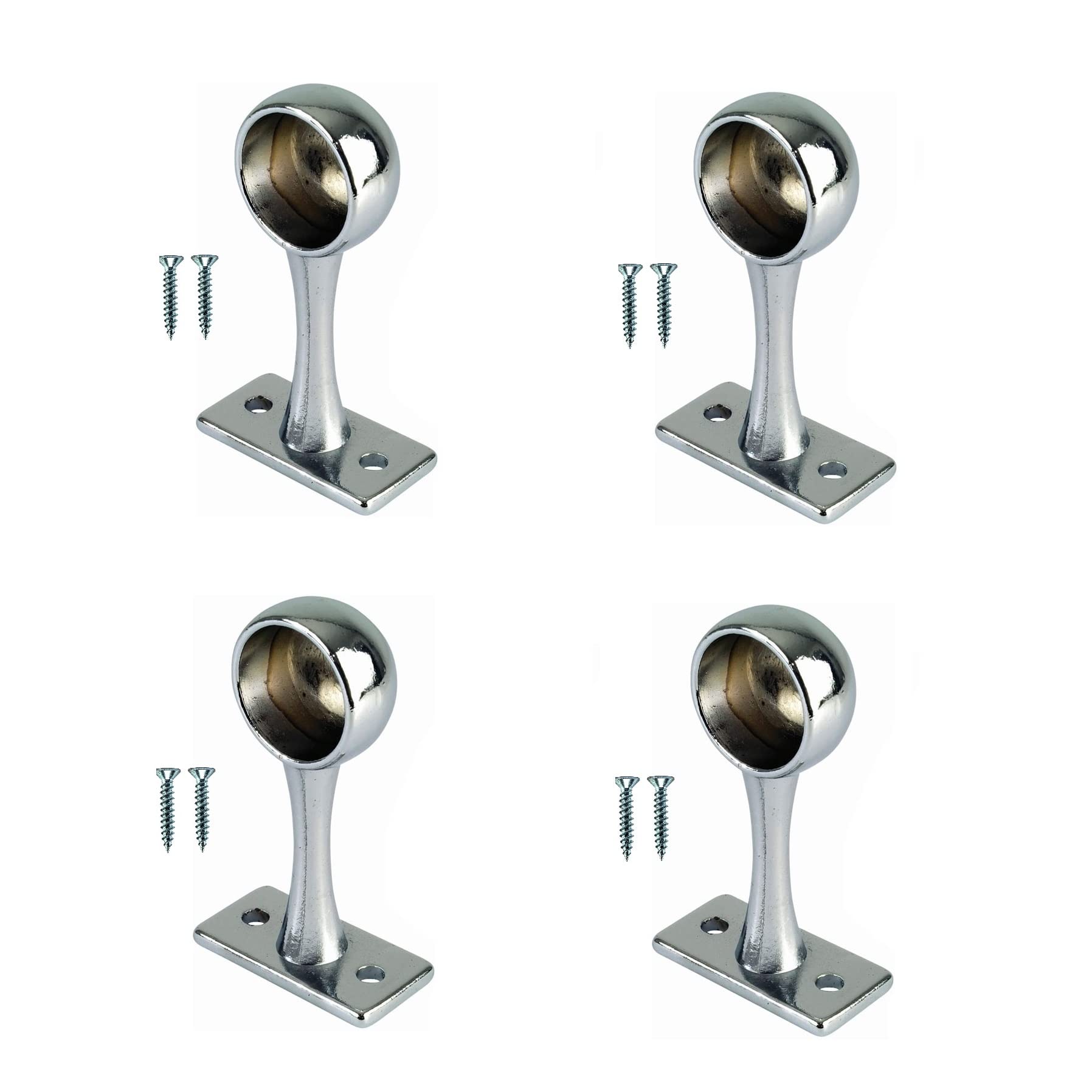 TERF® Chrome Curtain Pole End Bracket for Up to 19mm Diameter Ceiling and Wall Mount Rod Holder - Pack of 4