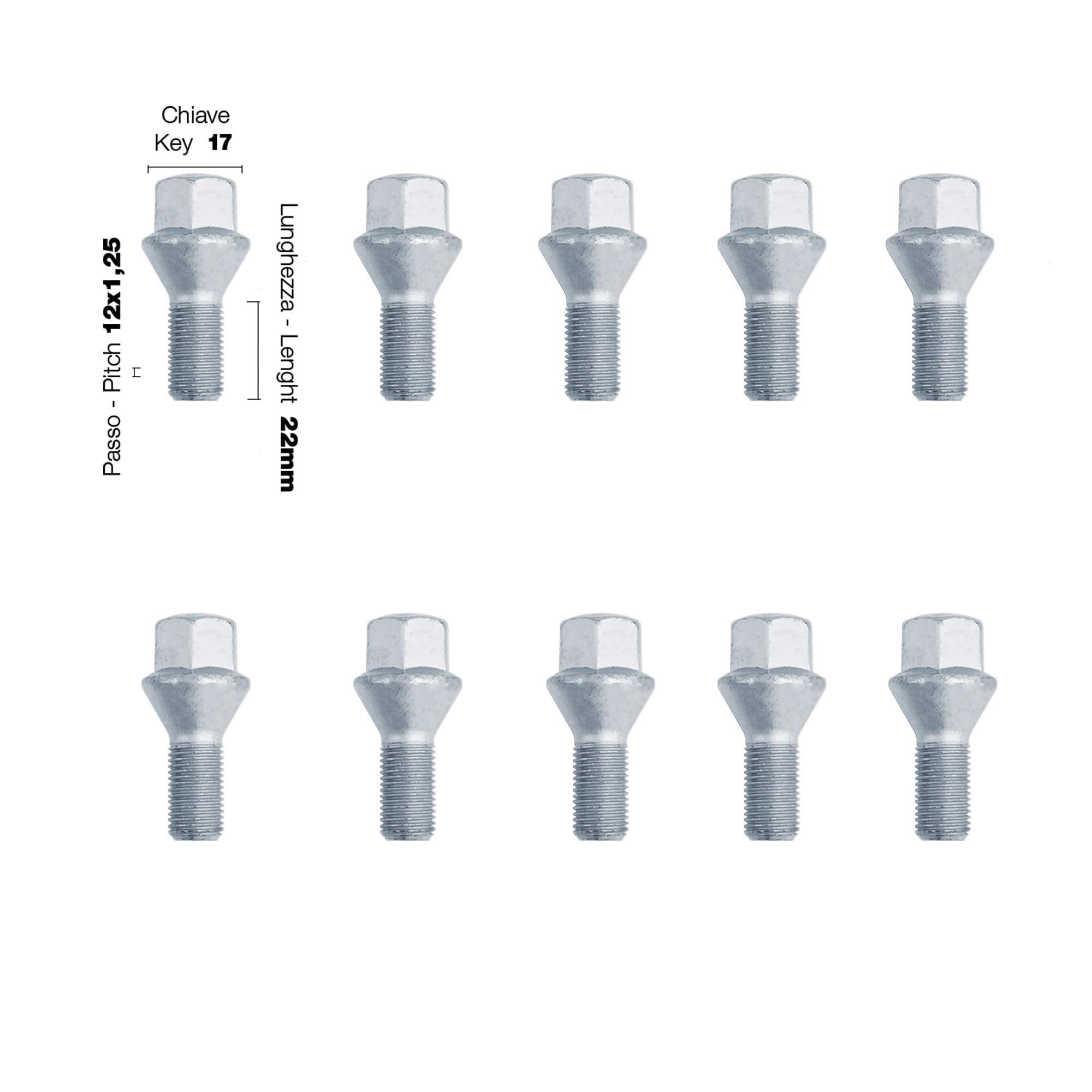 Kit 10 bulloni Ruote Chiave 17 M12x1.25 Lunghezza 22 mm Testa conica
