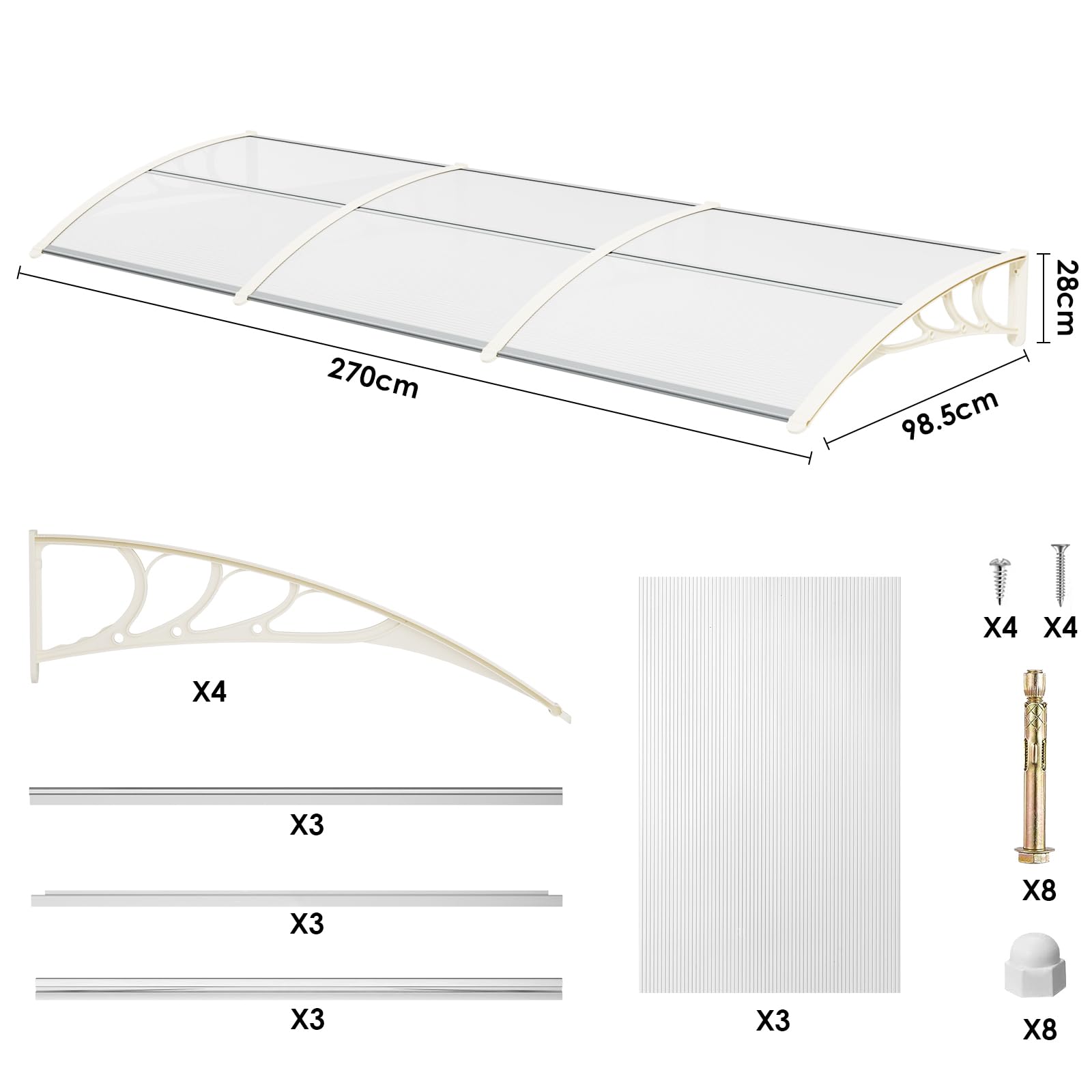 LIFERUN Marquesina para puerta principal, 270 x 98,5 cm, toldo transparente, soporte de policarbonato, tiras de aluminio reforzadas, toldo para ventana, toldo para reprimir, protección solar y