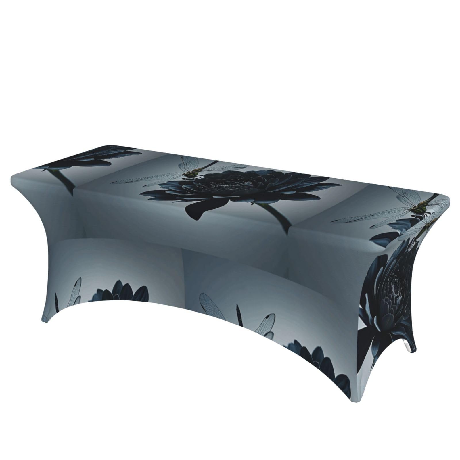 LMNGH Black Flowers and Dragonfly Decorative Tablecloth Protector for Wedding, Banquet & Parties6FT Spandex Rectangle Tablecloths, Stretch Washable Table Cloth Wrinkle Free Patio Table Cover