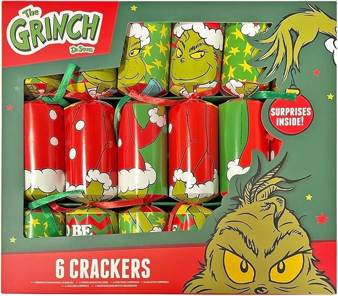 The Grinch Christmas Crackers 6 Pack – 30cm Luxury Festive Table Crackers with Hats Jokes & Surprise Gifts – Fun Family Party Favour Decorations for Kids & Adults Holiday Dinner Celebrations