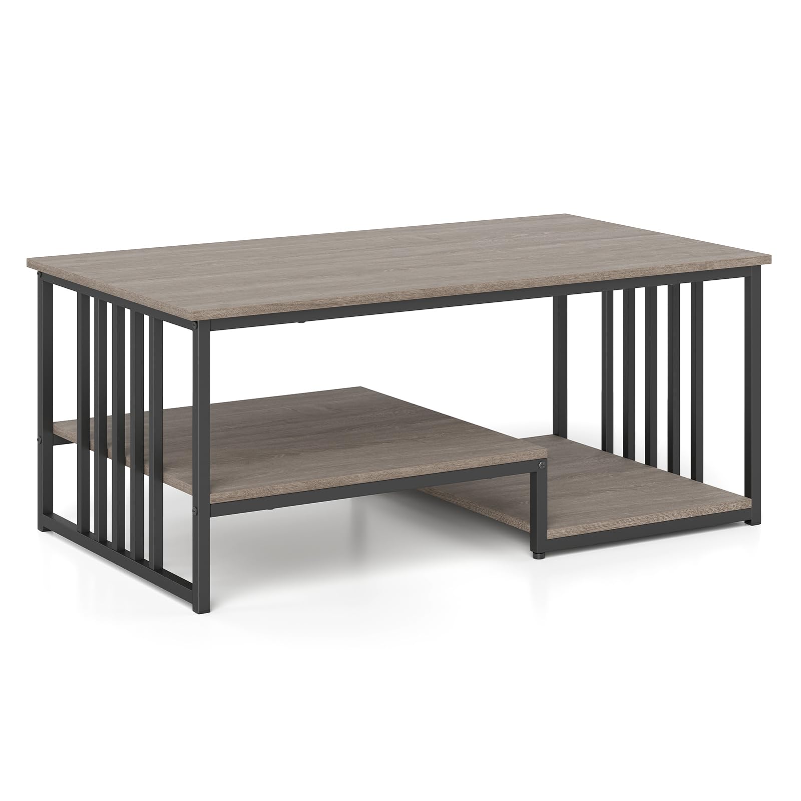 CASART Rectangular Coffee Table, 3-Tier Center Table with Storage Shelves, Metal Frame Sofa Accent End Table for Home Living Room Office, 110 x 60 x 45cm (Grey Oak+Black)