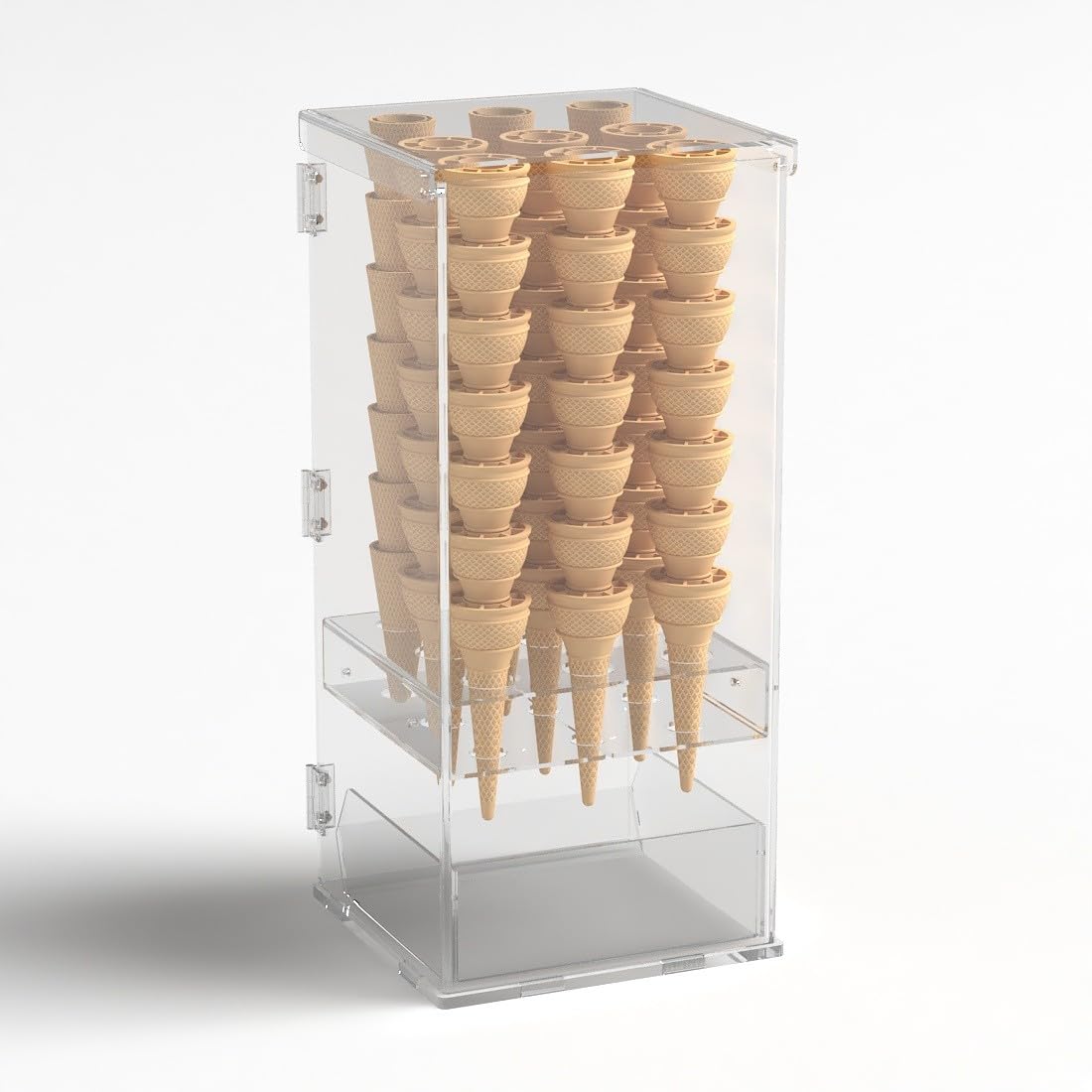 Porta coni gelato in plexiglass trasparente a 9 fori con vaschetta porta cucchiaini e con sportello - Misure: 24 x 23 x H55 cm