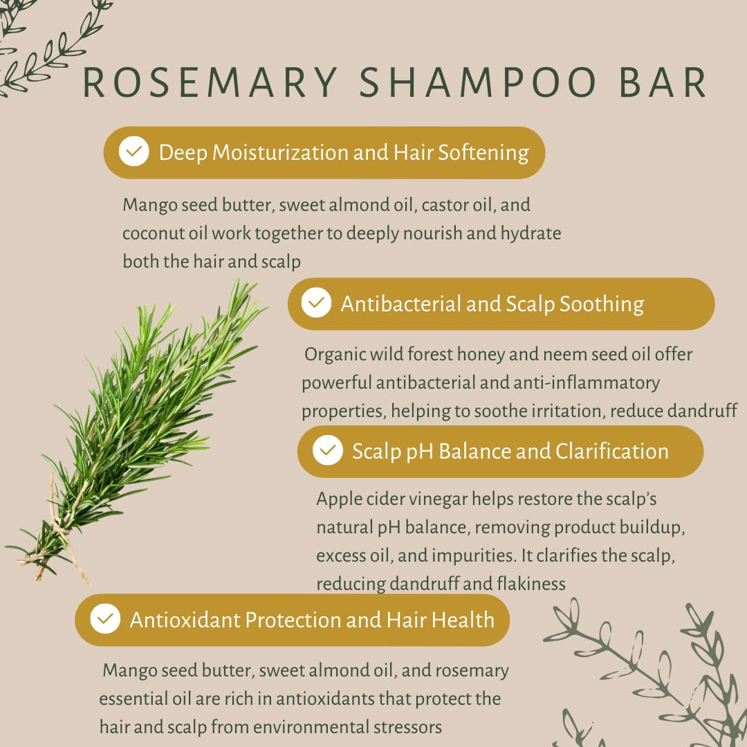 Rosemary Shampoo Bar for Dandruff Relief and Hair Fall Control | With Apple Cider Vinegar, Neem | Deeply Moisturizes and Soothes Itchy Scalp | Cold-Processed | 115g | Pack of 1 - Image 3 thumbnail