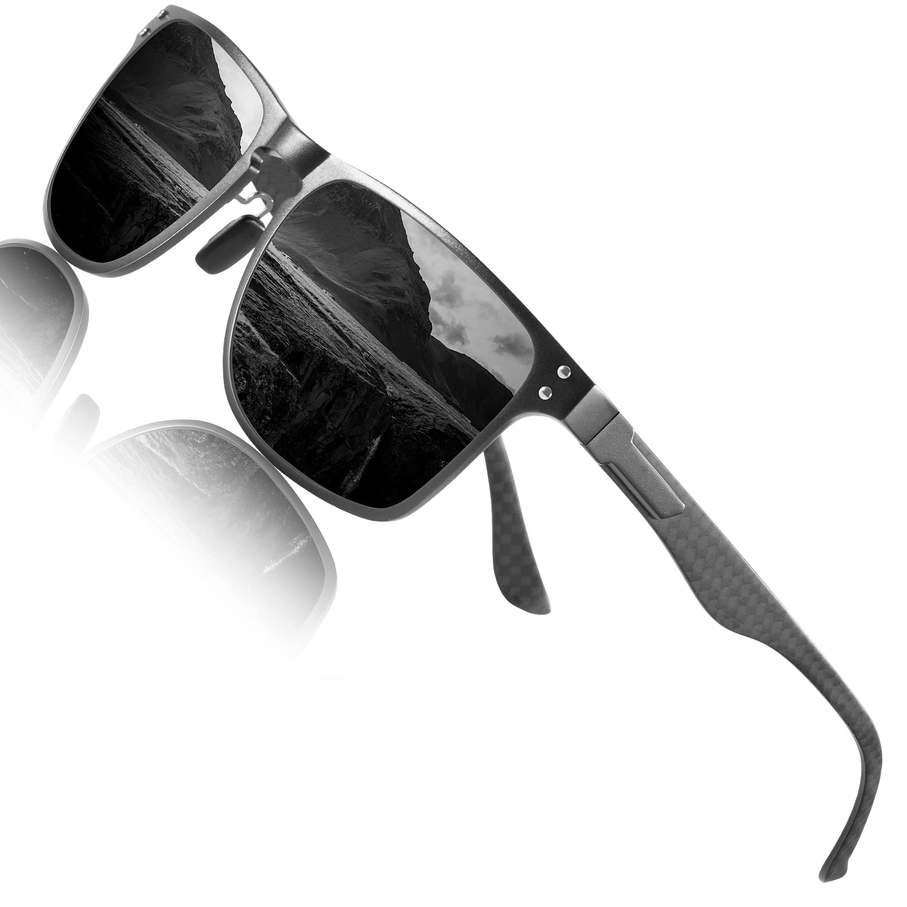 ANYLUVANYLUV Mens Sunglasses Polarized, Luxury Carbon Fiber Temple Sunglasses for Men, Rectangle Style UV Protection for Fishing