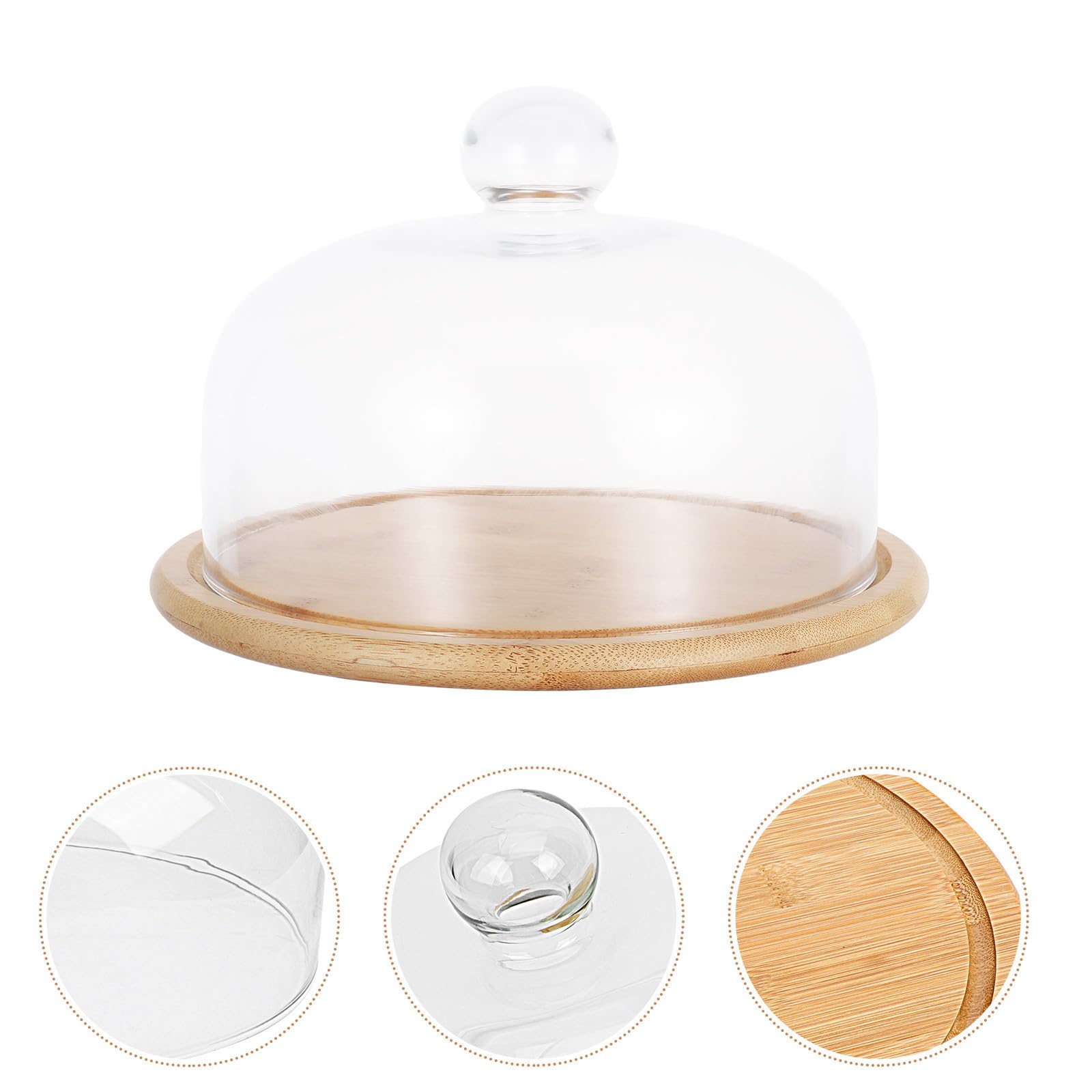 Cúpula de Cristal para Pastel con Bandeja de Bambú | Cubierta Transparente, Forma Abombada, Uso Diario y Celebraciones, Fácil de Limpiar, Reutilizable