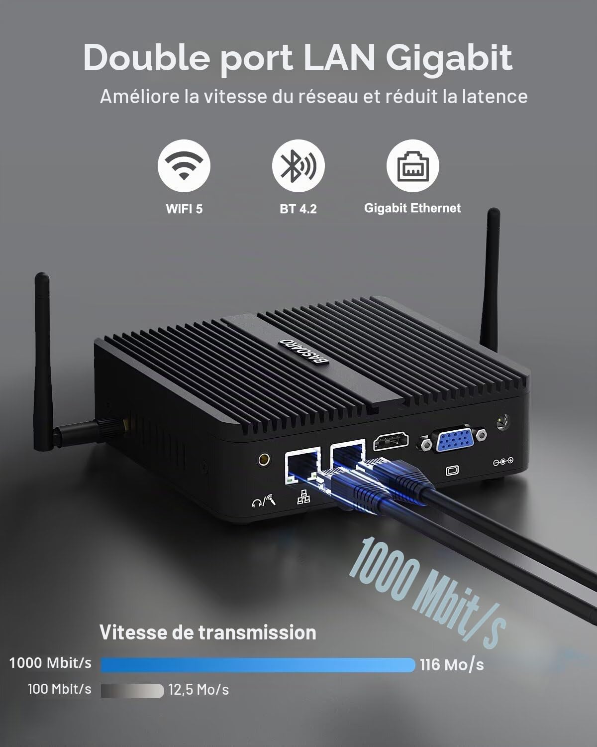 BASOARO PC Industriel Mini PC sans Ventilateur J5005, 8GB RAM 128GB SSD, Gigabit Ethernet, Double écran HD VGA, 2 RS232 COM, WiFi Dual Band, BT, Mini Ordinateur Win 11 Pro