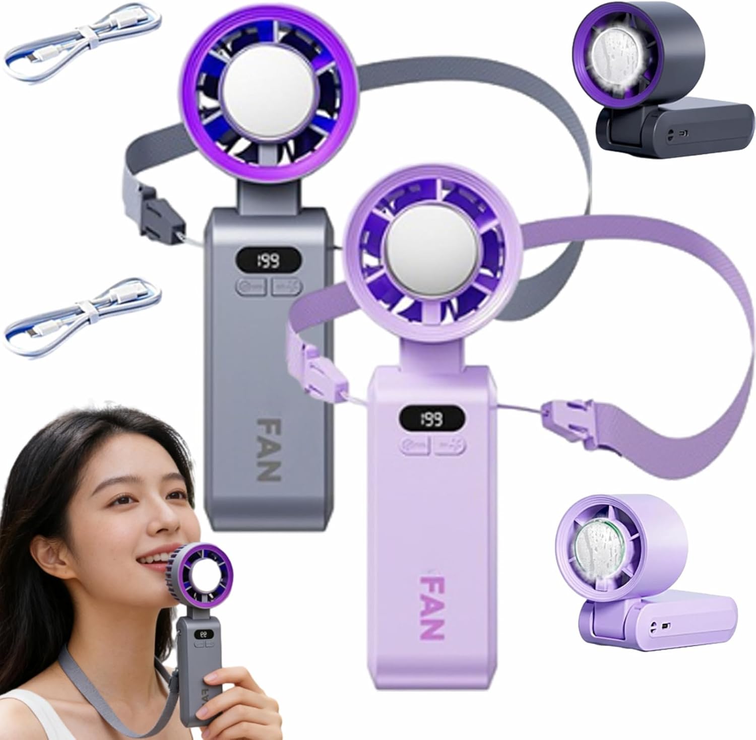 Portable Turbo Fan, Fast Cooling Handheld Fan with Lanyard 199 Gears, 3 in 1 Handheld Desk and Neck Fans, For Summer Travel Outdoors Commuting