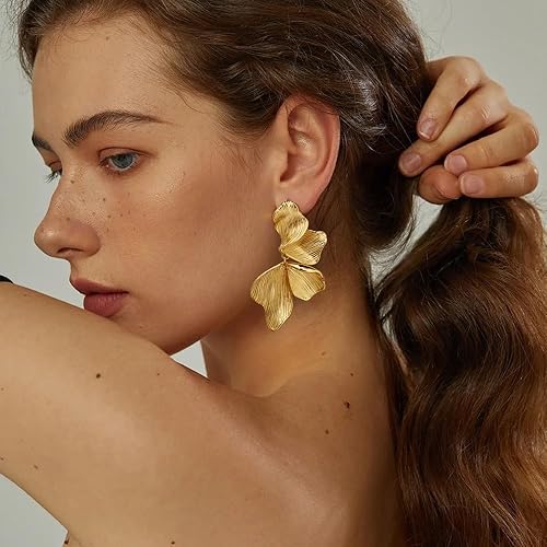 Miniatura 4 de Aretes de oro para mujer, chapados en oro de 18 quilates, diseño de hoja de flor, concha de ángel, aretes grandes hipoalergénicos