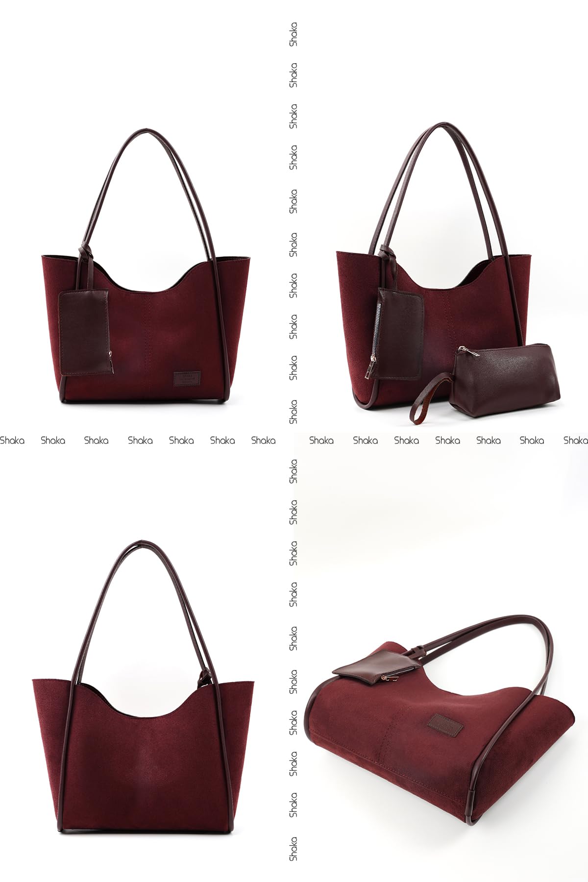 Bordo Süet Shk108 Çıtçıtlı Suni Deri Cüzdanlı Makyaj Çantalı Kadın El ve Omuz Çantası Bordo Süet