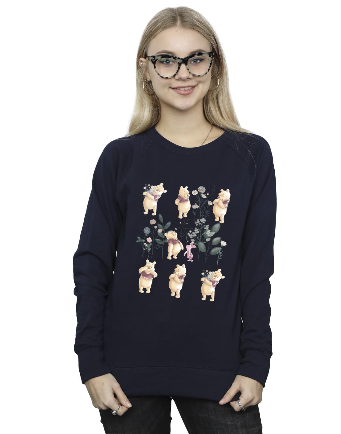 Disney Women's Winnie The Pooh Flower Heart Sweatshirt Navy Blue Large