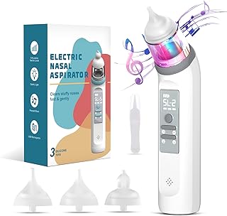 GRJYLS Nasal Aspirator for Baby, Electric Baby Nose Sucker Automatic Nose Cleaner with Adjustable 5 Levels Suction , Baby Nasal Aspirator with 3 Silicone Tips, Music and Light Soothing Function