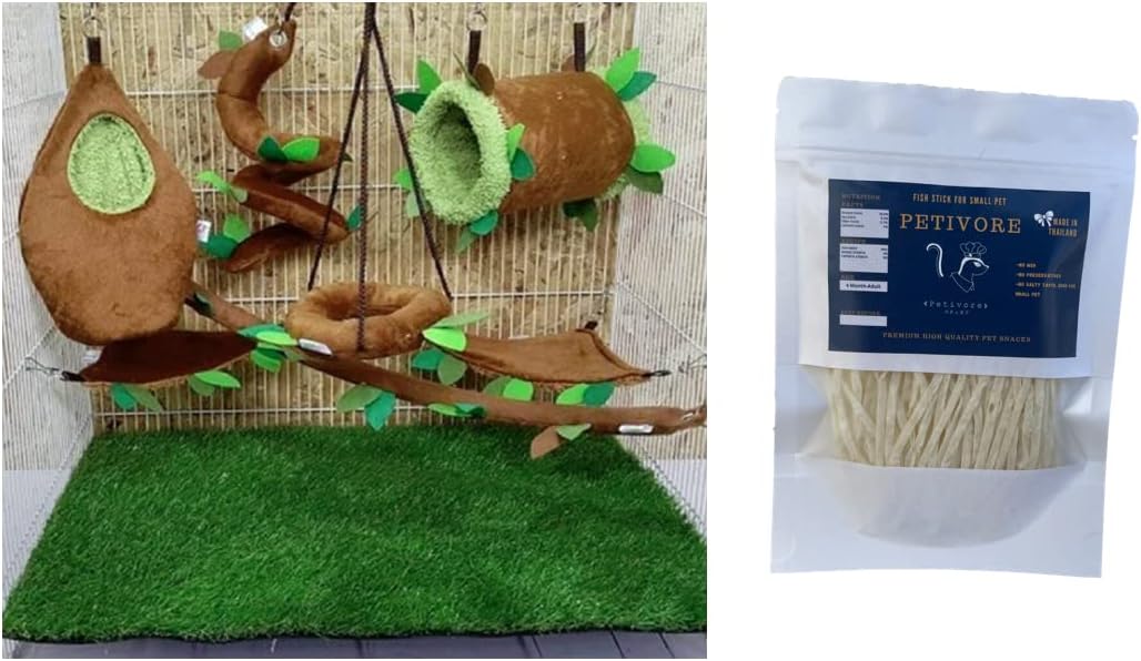 HOT! 7 Pcs/Set Cute Sugar Glider Hamster Squirrel Chinchillas Small Exotic Pet Bed Set Hanging Tunnel + Oval Light Brown Cage Set Forest Pattern + Get Free 1 PETIVORE Fish Stick