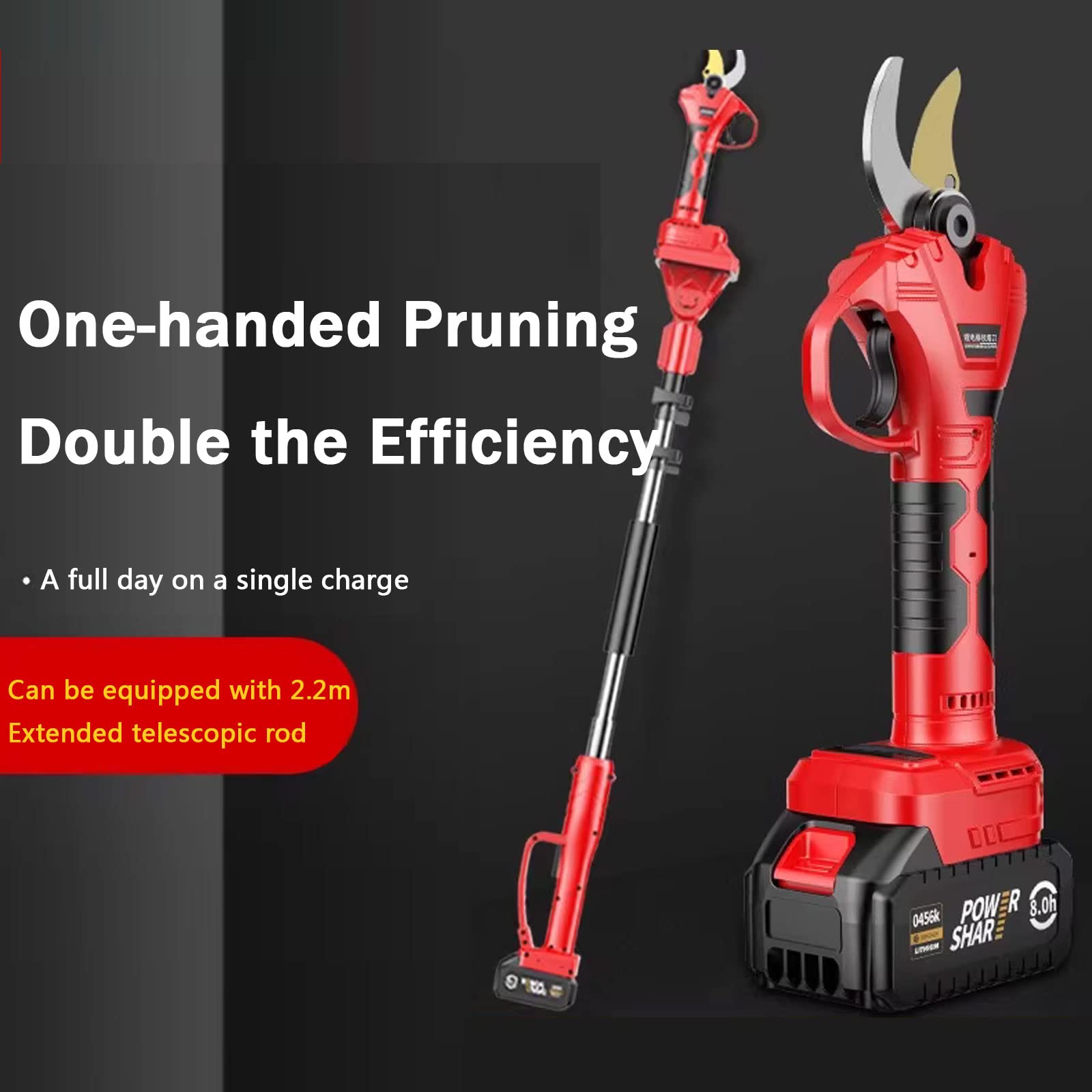 Tijeras Electricas para Podar Sin Cable, Tijera de Podar Eléctrico de 50mm Podadora de Flores Podar con Pértiga de Extensión, 2 Baterías y Cargador, Alimentadas Por Batería, 5-6 Horas de Trabajo