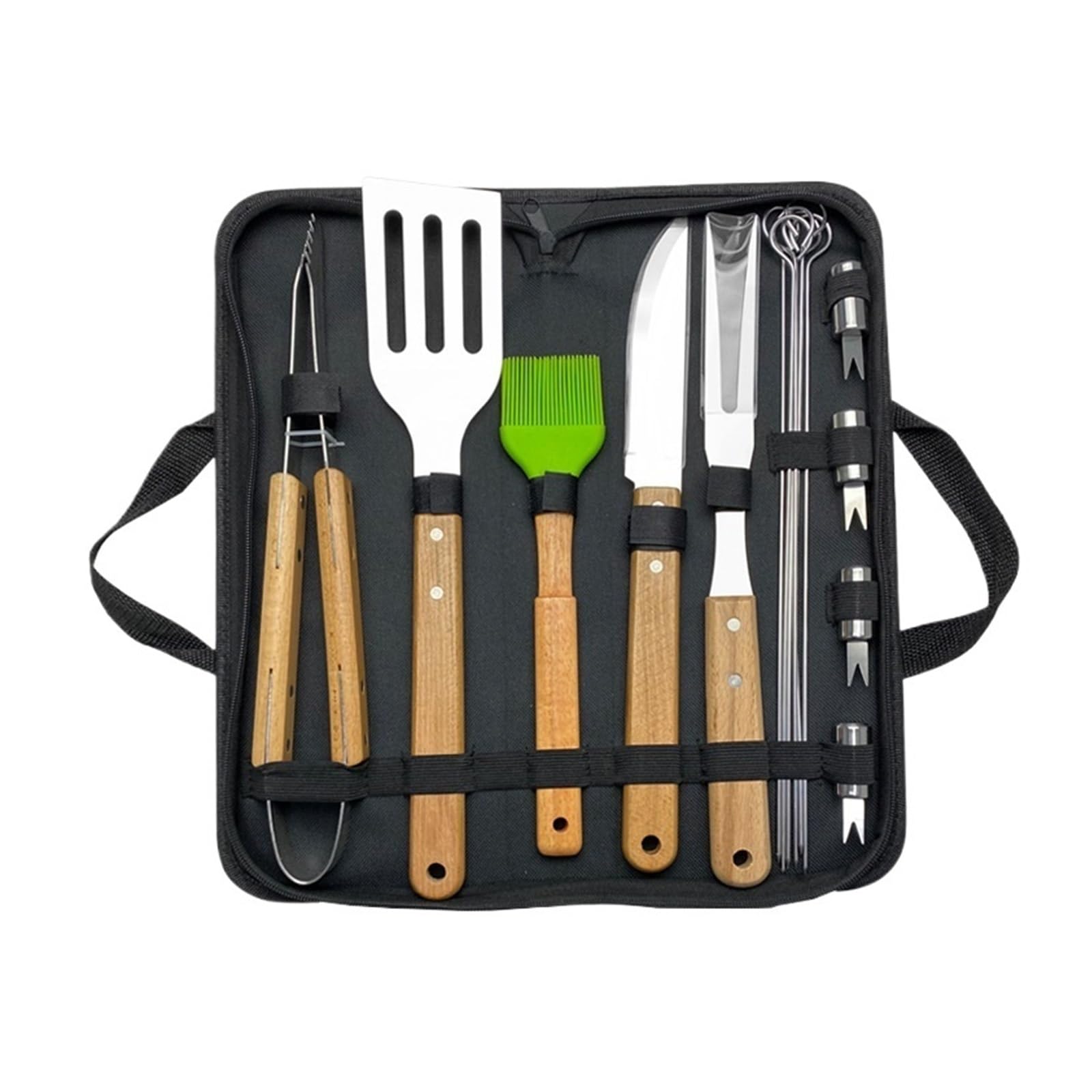 Ensemble combiné d'outils de Barbecue Camping en Plein air, Manche Bois, Fourchette, Pelle, Pince, Accessoires BBQ, Cuisson Acier Inoxydable(16pcs B2)