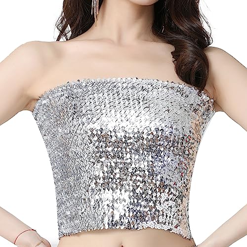 Women's Sequin Tube Top Stretchy Sleeveless Crop Tops Metallic Sparkly Tube Tops for Halloween Party Clubwear (Silver)