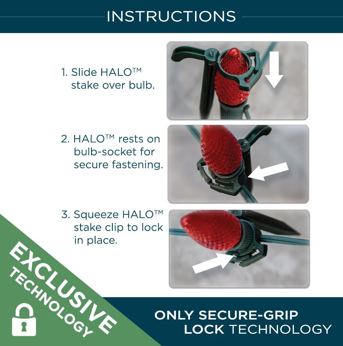 12” Tall Light Stakes (Green-Bag of 75) – Exclusive HALO Lock Technology for C7 & C9 Bulbs – Pro-Grade, Reusable, UV-Protected, Weather-Resistant, Easy to Install – Made in USA
