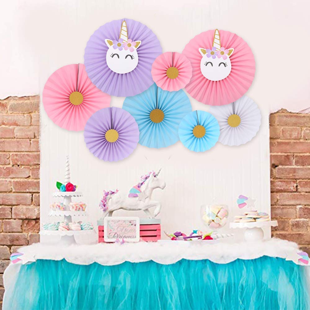 Party Propz Unicorn Hanging Paper Fans Decoration Set Of 8 For Theme Birthday / supplies