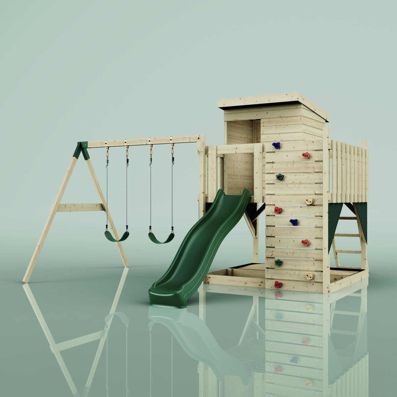 PolarPlay Spielturm Björn aus Holz in Grün – Kinderschaukel