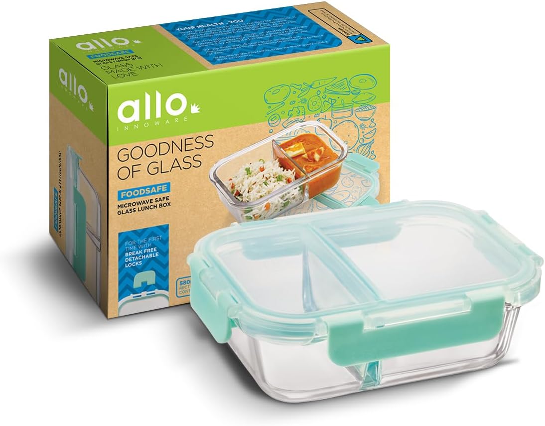 - Allo FoodSafe Compartment Glass Lunch Box with Break Free Detachable Lock, 450C Oven & Microwave Safe, Borosilicate Glass Container with Partition Divider, Office Tiffin 580ml, Rectangle