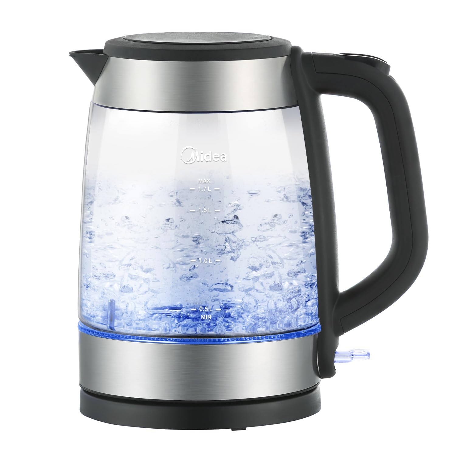 Midea Glass Electric Kettle 1.7 Liters, 3000W Fast Boil, BPA Free Borosilicate Glass, Blue LED Indicator, Auto Shut Off & Boil Dry Protection, Cordless with 360° Base, Removable Anti-Scale Filter