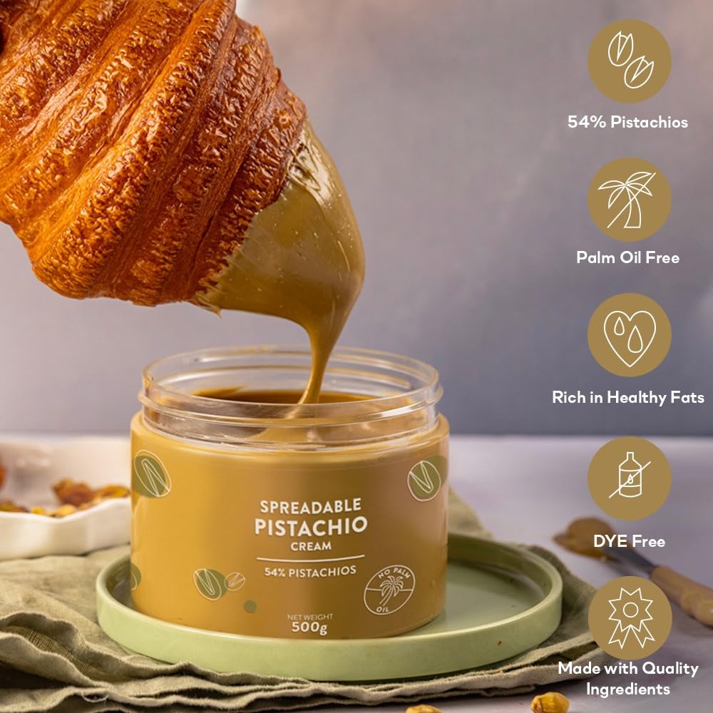 ORIGONUTS, Pistazienpaste 54% Pistazien, Pistaziencreme, Pistazienmus - Basis für Kuchen, Cremes, Desserts, Eiscreme, Dubai-Schokolade - Ohne Farbstoffe, Ohne Palmöl - 500 g
