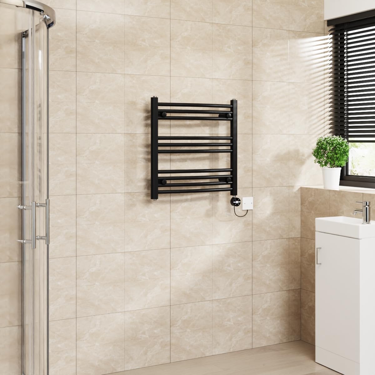 Warmehaus Touch Screen Electric Towel Rail Curved Timer Black 600x600mm — image 1