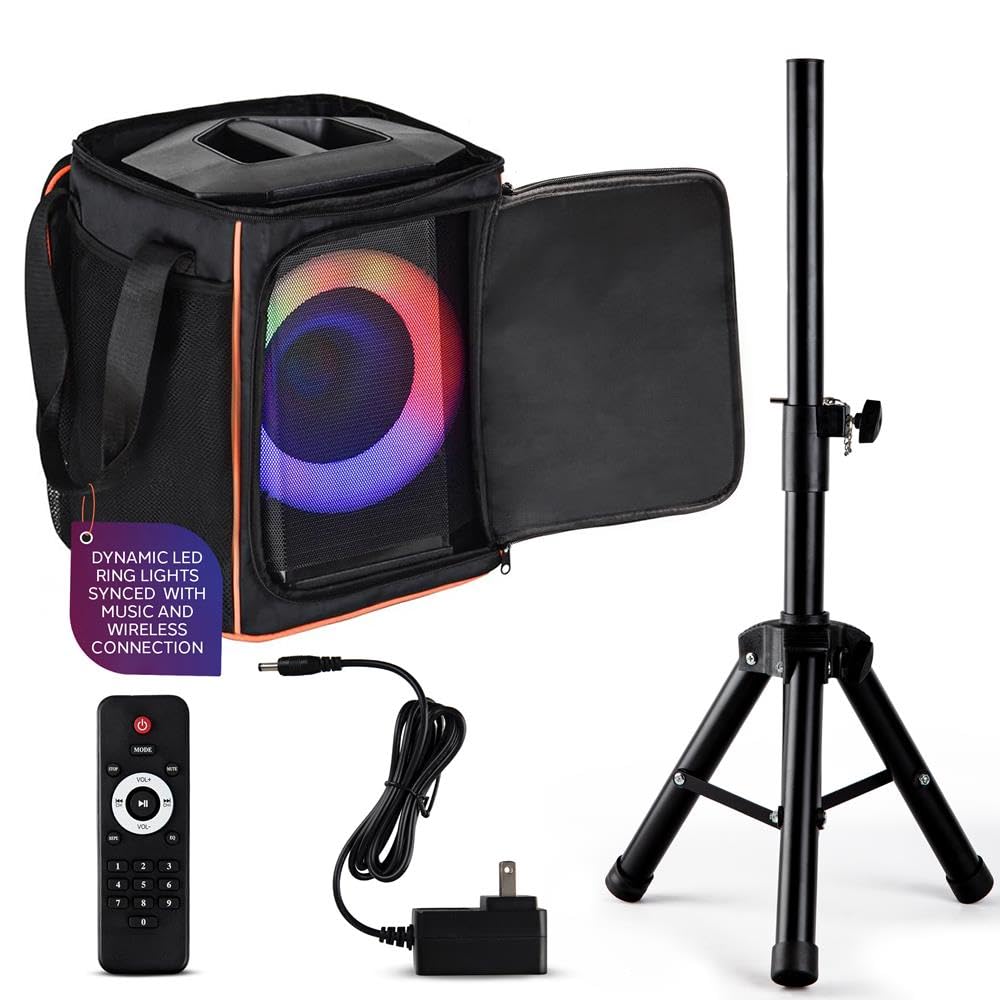 Pyle Partybox Bluetooth Lautsprecher 120W TWS – Kompakte PA Anlage mit kraftvollem Sound, LED Lichteffekte, inkl. Tragtasche, Stativ, USB, Micro SD, FM Radio
