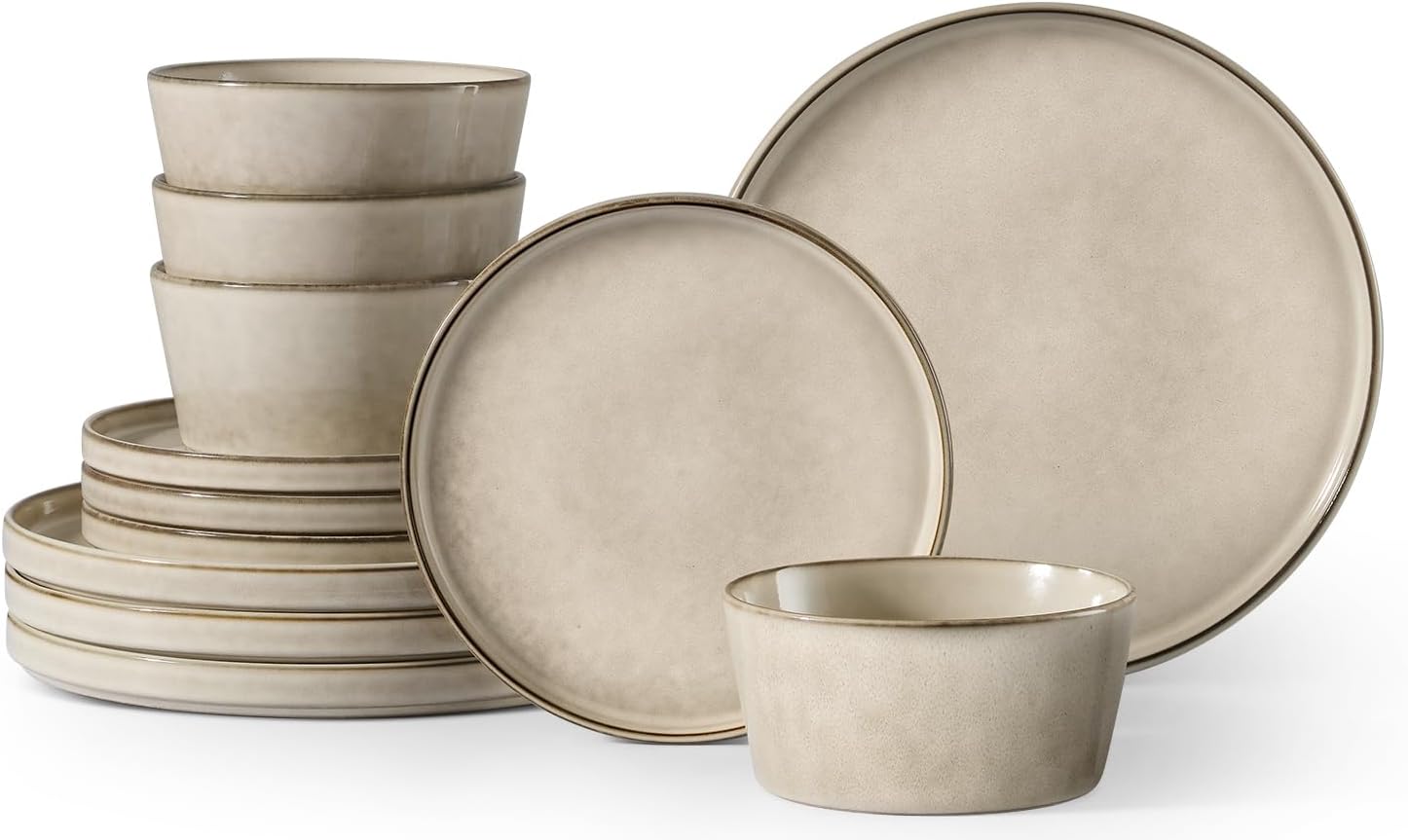 Herogo Stoneware Plates and Bowls Sets for 4, 12 Pieces Modern Dinnerware, Reactive Glaze Dishes Set for Kitchen, Chip Resistant, Microwave & Dishwasher Safe, Cream Khaki