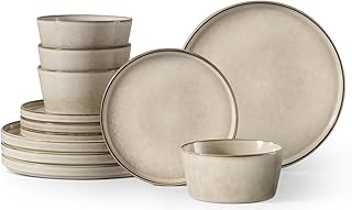 Herogo Stoneware Plates and Bowls Sets for 4, 12 Pieces Modern Dinnerware, Reactive Glaze Dishes Set for Kitchen, Chip Resistant, Microwave & Dishwasher Safe, Cream Khaki