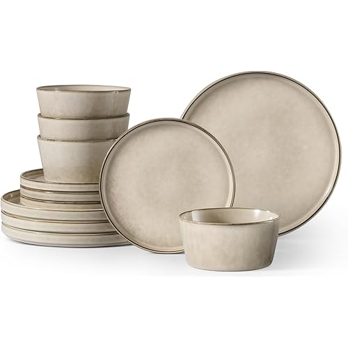 Herogo Stoneware Plates and Bowls Sets for 4, 12 Pieces Modern Dinnerware, Reactive Glaze Dishes Set for Kitchen, Chip Resistant, Microwave & Dishwasher Safe, Cream Khaki