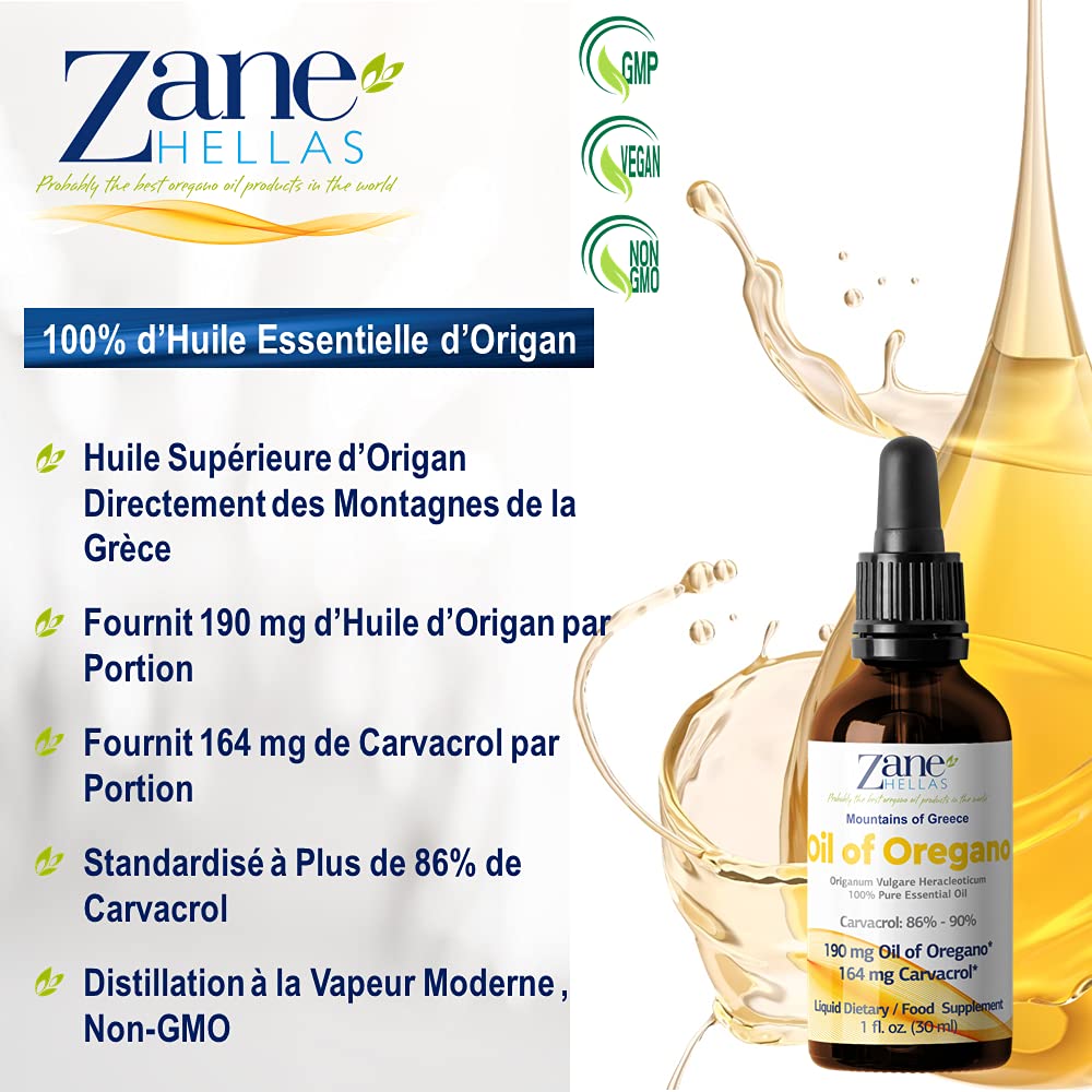 Zane Hellas 100% huile d'origan non diluée.Huile Essentielle Grecque Pure d'Origan.86% Min Carvacrol.164 mg de carvacrol par portion.Probablement la meilleure huile d'origan au monde.1 oz-30ml