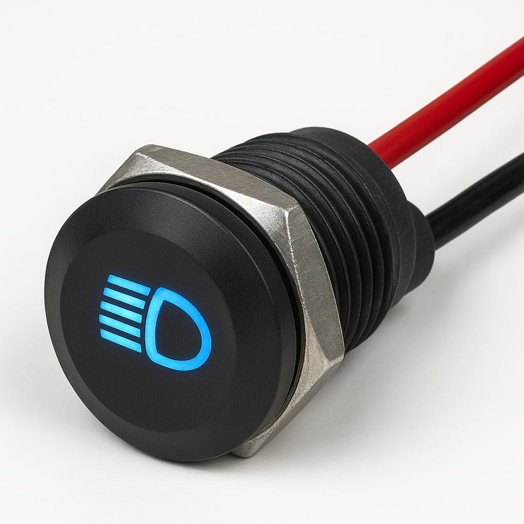 Dun-Bri Black Dbg 12Mm Screw-Fit Led Warning Light | Panel Mount Indicator W/Symbols | 12V-24V Dc | Ip65 Waterproof Signal Lamp For Industrial & Automation Panels (Blue | High Beam | 12V | Fly Lead)