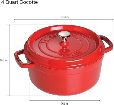 Staub Cast Iron Round Cocotte, Dutch Oven, 4-quart, serves 3-4, Made in France, Cherry