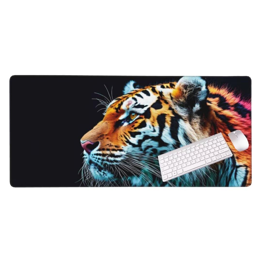 Alfombrilla de ratón 1400x600x3 MM, Alfombrilla Ratón XXL Extendida de Gran Tamaño con Bordes Cosidos, Resiste Salpicaduras, Base de Goma Antideslizante y Almohadilla para Teclado, Animal Tiger S-3185