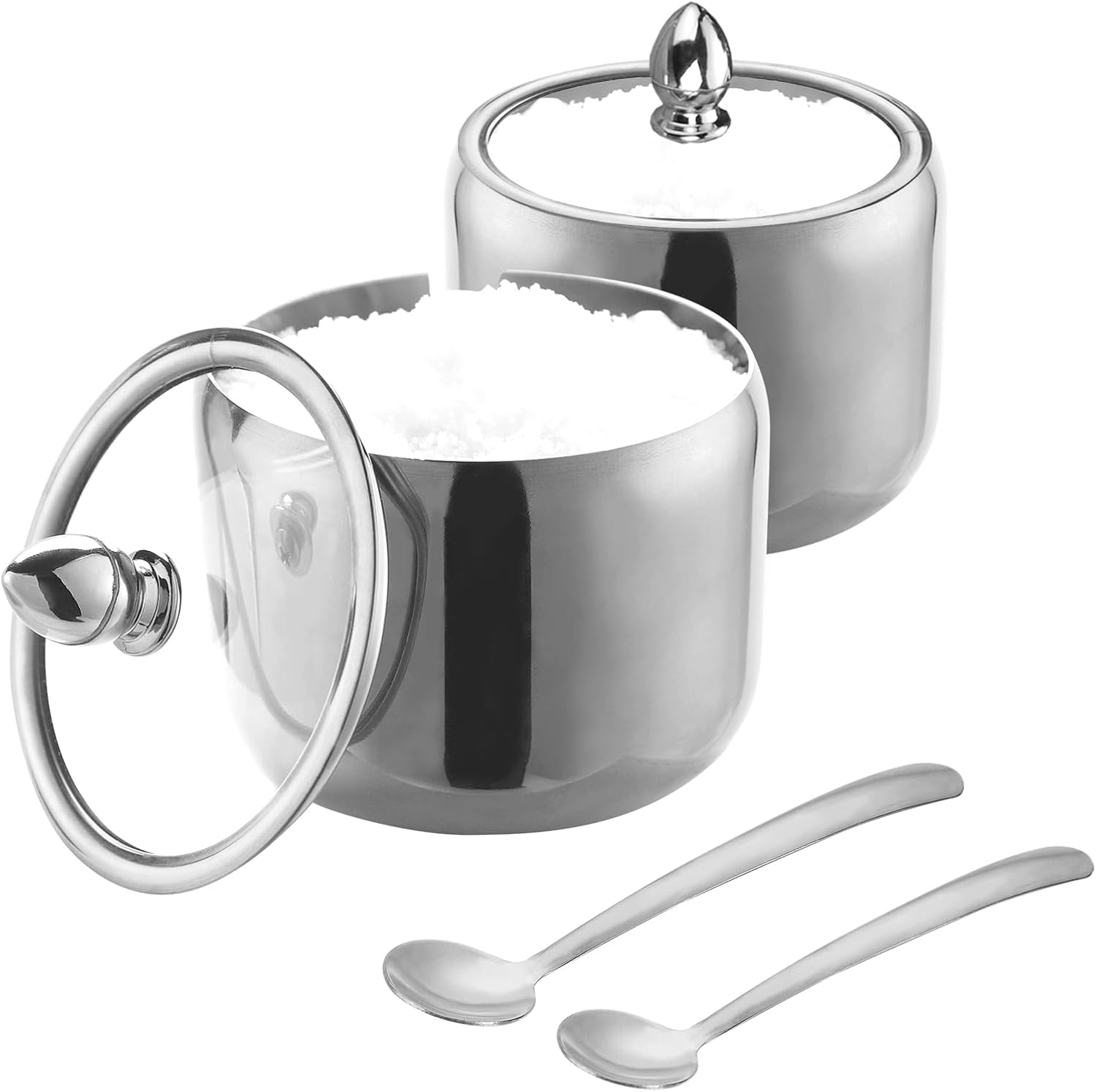 IBWell 10oz Sugar Bowl with Clear Lid and Spoon 2 Pack Silver Coffee Bar Containers for Kitchen Stainless Canister for Seasoning