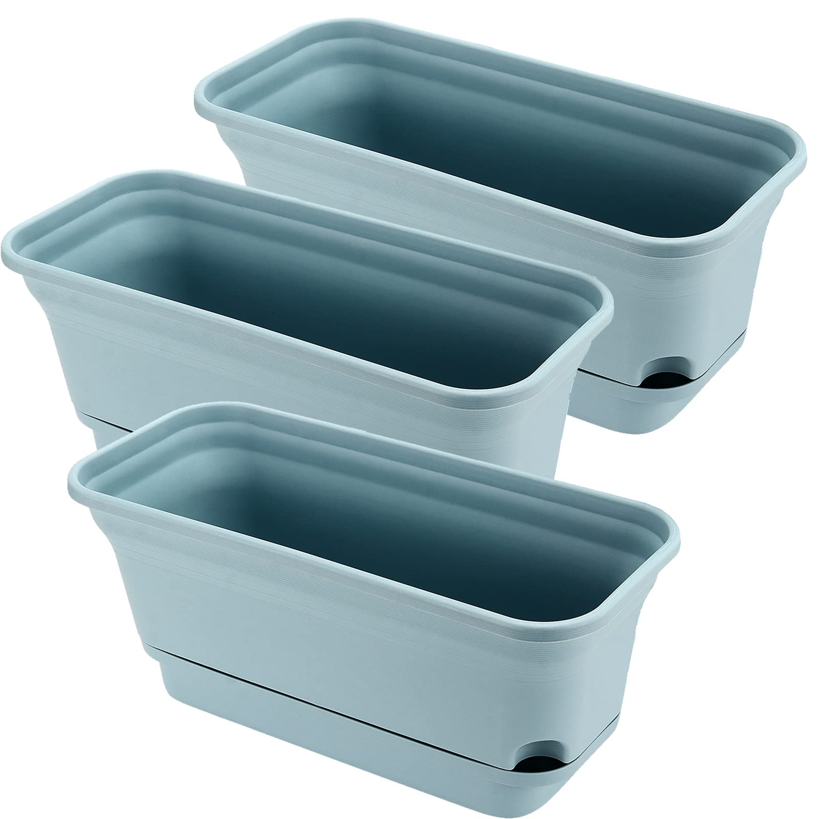 3 Pack 15 Inch Blue Window Plant Box, Rectangle Self Watering Flowerpot with Saucers, Garden Plant Decorative Pots with Drainage Holes for Windowsill, Succulents, Vegetables, Indoor Outdoor