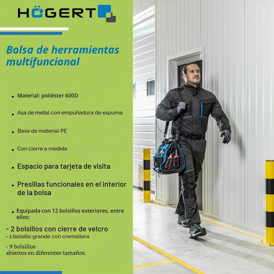 Högert Technik - Bolsa multifuncional para herramientas | Portaherramientas | Bolsa de trabajo multifuncional (49 x 25 x 35 cm) | De poliéster 600D | Fondo de polietileno | 12 bolsillos exteriores