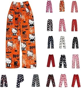 Pyjama Hose Damen Mädchen Kinder Schlafanzug Flanell Lang Casual Bequeme Frauen Schlafanzughosen Cute Kawaii Y2K Cartoon Anime Pyjamas Schlafhose Hosen Weich Sommer Weihnachten Halloween Orange M