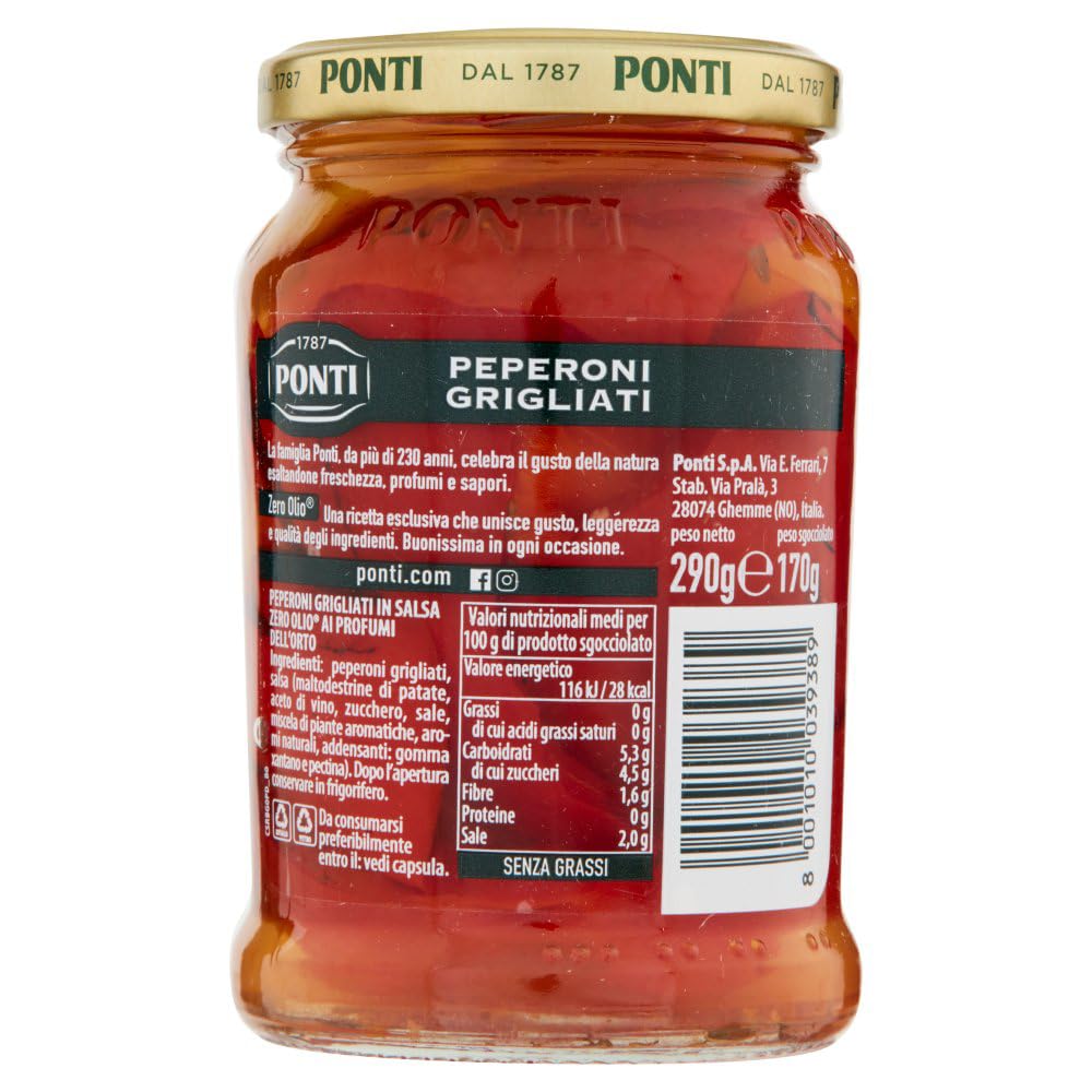 6x Ponti Peperoni Grigliati Zero Olio,Ohne Öl,Gegrillte Paprika,Fettfrei,Glas 290g + Italian Gourmet Polpa di Pomodoro 400g Dose