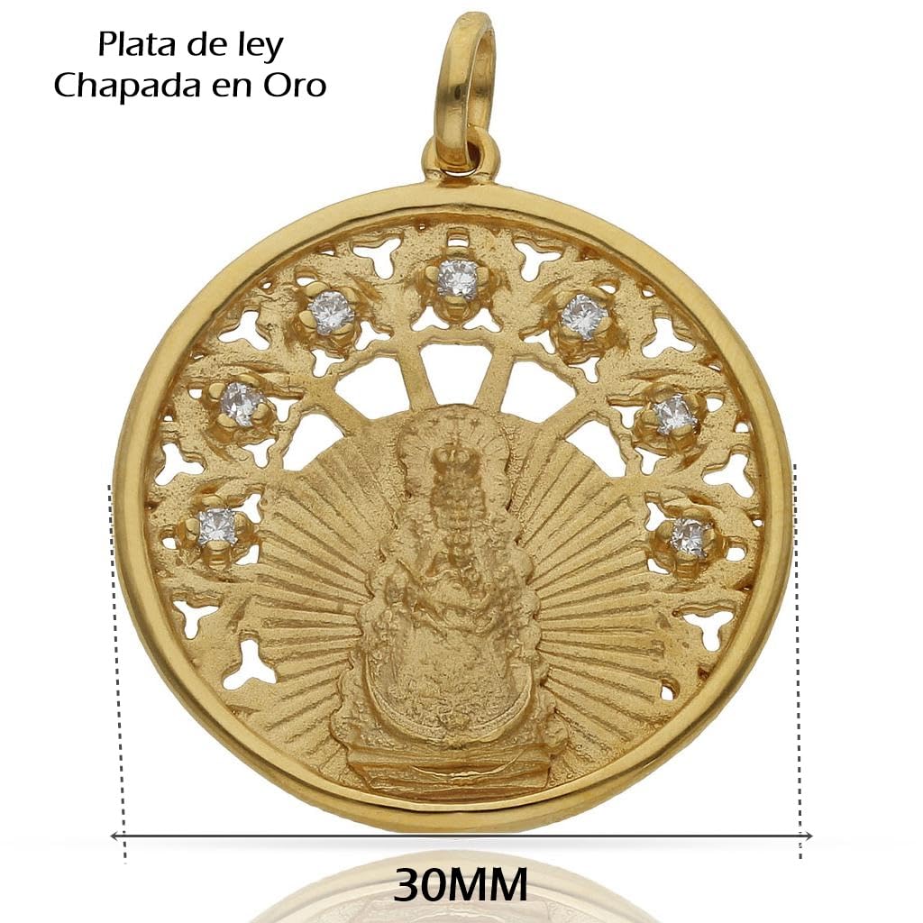 Medallón Virgen del Rocío, Plata de Ley 925 Chapada en Oro, 30mm, Diseño Calado con Circonitas